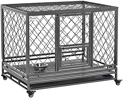  PawHut Heavy Duty Dog Crate Metal Kennel And Cage Dog Playpen With Lockable Wheels, Slide-Out Tray, Food Bowl And Double Doors