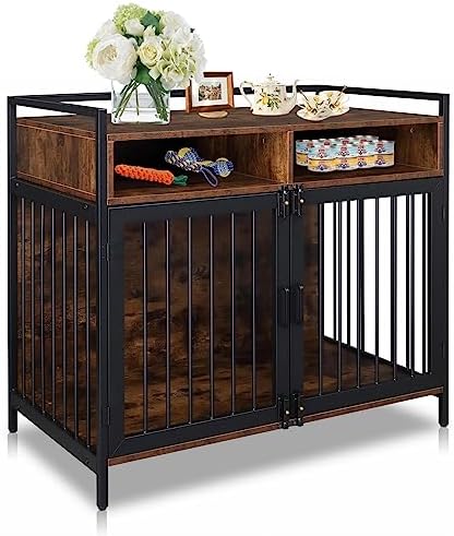  Waiirek 37.4in Heavy Duty Wooden Large Furniture Dog Crate Indoor End Side Table With 3 Doors, Decorative Furniture Stylish Dog Kennel Cage Inside 37.4" L X 22" W X 25.6" H