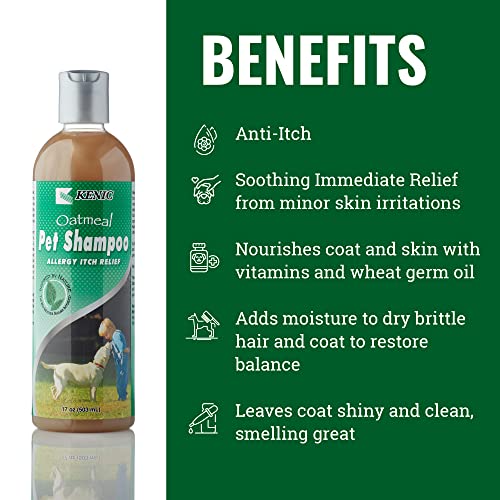  Kenic Oatmeal Pet Shampoo For Cats & Dogs - Relief For Dry, Itchy, And Sensitive Cat & Dog Coat/Skin, Soothes Flea Bites & Food Allergies, Moisturizing Formula, Soap, Paraben, & Cruelty Free, Made In USA