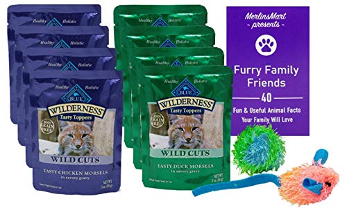  Blue Buffalo Wilderness Wild Cuts Grain Free Tasty Toppers Cat 2 Flavor 8 Pouch Variety - (4) Each: Chicken, Duck (3 Ounces) - Plus 2 Catnip Toys And Fun Facts Booklet Bundle