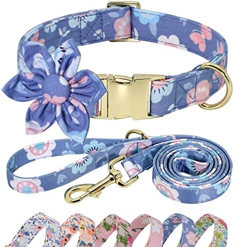 Beirui Cute Girl Dog Collar And Leash Set For Female Dogs- Floral Dog Collar With Flower For Small Medium Large Dogs Puppy, M:Neck 13-21", Leash 5FT, Purple-1