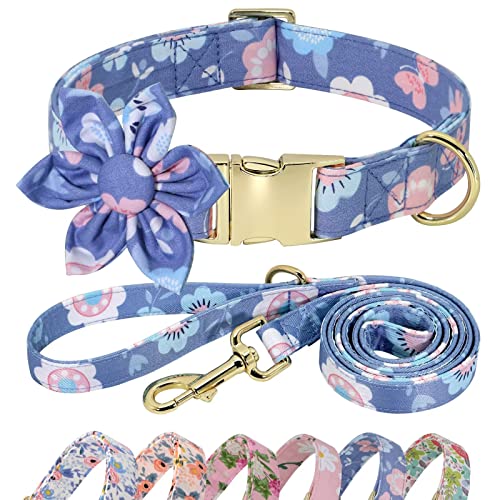  Beirui Cute Girl Dog Collar And Leash Set For Female Dogs- Floral Dog Collar With Flower For Small Medium Large Dogs Puppy, M:Neck 13-21", Leash 5FT, Purple-1
