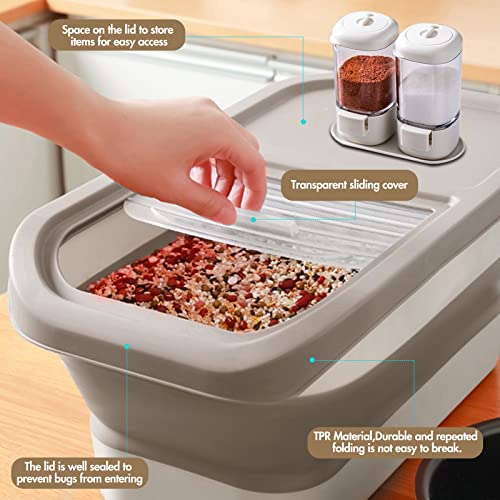  Collapsible 13LB Dog Food Storage Container With Transparent Sliding Lid,Pet Moisture-Proof Folding Rice Plastic Bin With Measuring Cup And Scoop Suitable For Storing Oat Millet Macaroni Corn（Khaki）