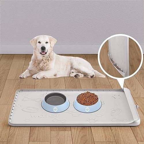  Dog Food Mat - Dog Feeding Mats For Food And Water - 36" X 24" Extra Large Cat Dog Bowl Mat With Pocket For Catches Spill And Residue - Silicone Non Slip Pet Mat With 0.75" High Edges Anti-bite