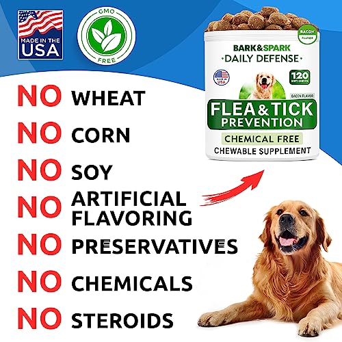  Flea And Tick Prevention For Dogs Chewable Tablets - All Natural Flea & Tick Chews - Flea Chewables Pills For Dogs - All Breeds And Ages - Made In USA - Bacon - 120 Treats