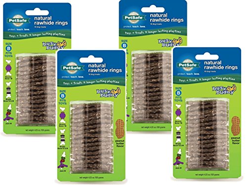  PetSafe (4 Pack) Busy Buddy Refill Ring Dog Treats For Select Busy Buddy Dog Toys, Peanut Butter Flavored Natural Rawhide, Size B