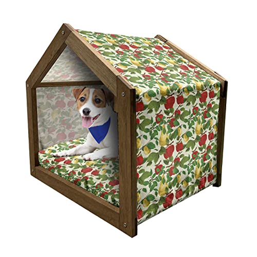  Lunarable Fruit Wooden Pet House, Repetitive Pattern Of Pear And Apple Branches With Leaves Blooming Organic Foods, Outdoor & Indoor Portable Dog Kennel With Pillow And Cover, Medium, Multicolor