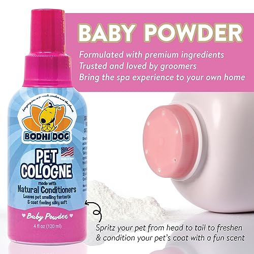  Bodhi Dog Natural Pet Cologne | Premium Scented Perfume Body Spray For Dogs And Cats | Clean And Fresh Scent | Natural Conditioning Qualities | Made In USA (Baby Powder, 4 Fl Oz)
