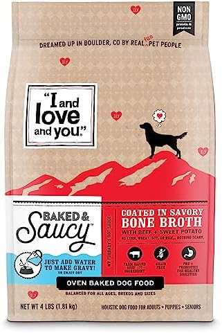  "I And Love And You" Baked And Saucy Dry Dog Food With Gravy Coating, Chicken And Sweet Potato Recipe, Grain Free, Coated In Bone Broth, Prebiotics And Probiotics, Real Meat, No Fillers, 4 Lb Bag