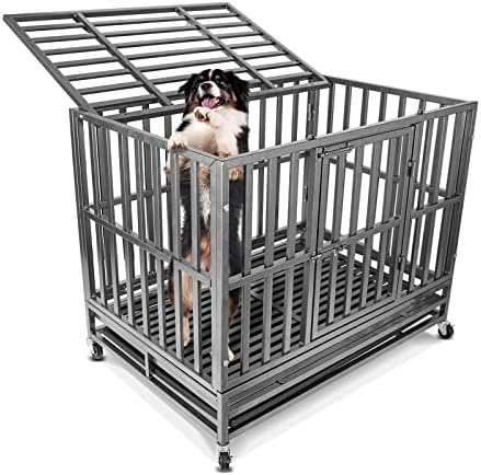  Confote 47 Inch Heavy Duty Dog Crate Metal Cage Kennel, High Anxiety Pet Cage With Lockable Wheels & Double Doors For Medium Large Dogs