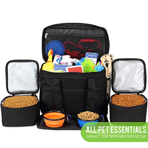  Kundu Cat & Dog Travel Bag - Includes 2 Food Carriers, 2 Bowls & Place Mat - Airline Approved - Black,6 Piece Set,KDU-011