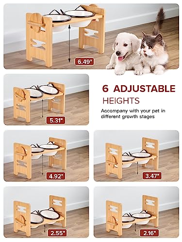  LoeJan 6 Adjustable Heights Elevated Cat Bowls Stand, 15° Tilted Raised Food Feeding Ceramic Dishes With Stand For Small Size Dogs And Cat