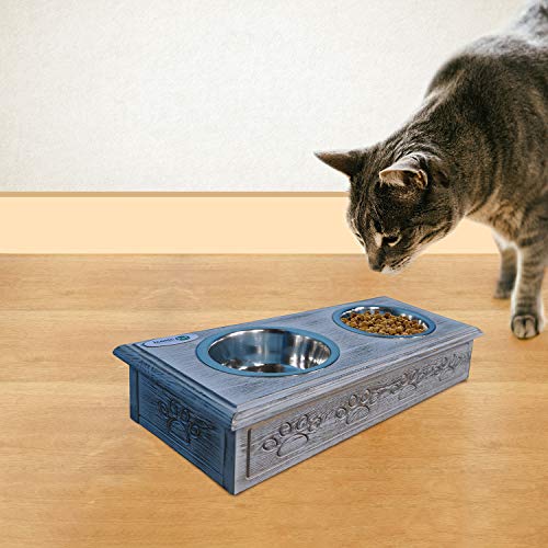  Iconic Pet Sassy Paws Wooden Pet Double Diner With Stainless Steel Food & Water Bowls For Dogs & Cats
