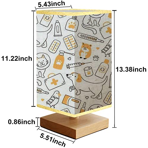  Bedside Lamps Veterinary Seamless With Pets Medicines And Food A Cat In A Collar And Reading Nightstand Lamp, Minimalist Wood Base Rectangular Fabric Shade Table Lamp For Bedroom Living Room