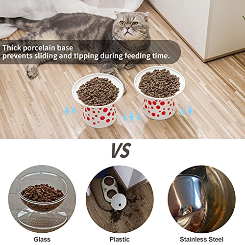  Extra Wide Ceramic Raised Cat Bowls, 6.25 Inch Elevated Food Dish, Shallow Cat Water Bowl Feeding, Prevent Whisker Fatigue Pet Bowl Of Cats, Elder Cats, Dogs, Set Of 2 - White With Red Dots