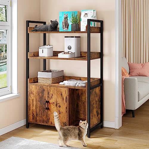  YITAHOME Large Hidden Cat Litter Box Furniture With 3 Shelves And Doors, Wood Litter Box Enclosure, Cat Washroom Storage, Brown