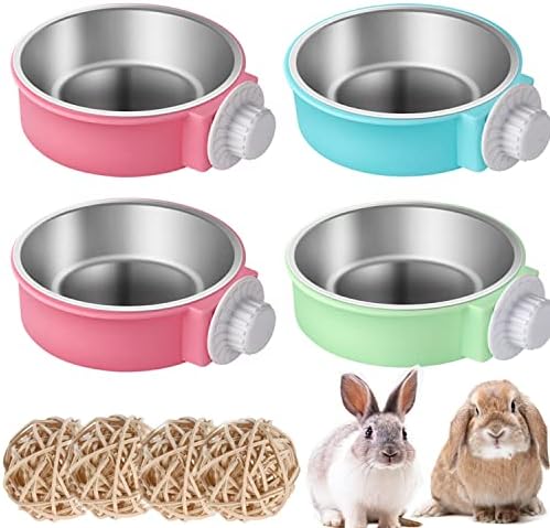  Rabbit Bowls Set, Big Pet Bunny Food Bowls Small Animals Cage Bowl And Stainless Steel Hanging Water Food Feeder Bowls For Big Bunny Food Dish (4 PCS)