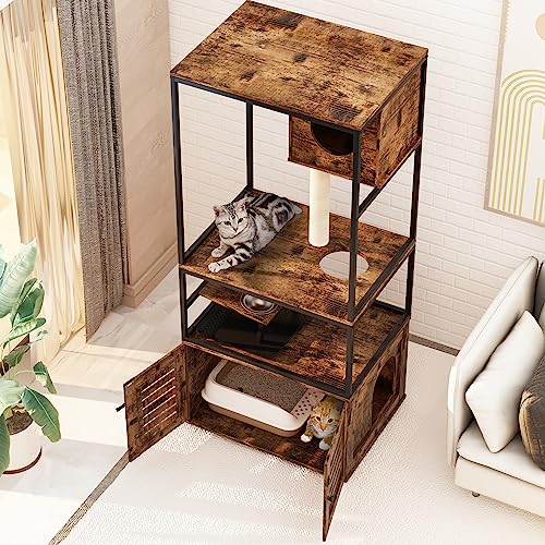  AWQM Large Cat Litter Box Enclosure,3 Level Cat Tree Tower With Elevated Cat Feeding Bowl,Scratching Posts,Hidden Cat Washroom,Kitty Condo,All-in-One Wood Pet Cat House/Cabinet Funiture,Rustic Brown
