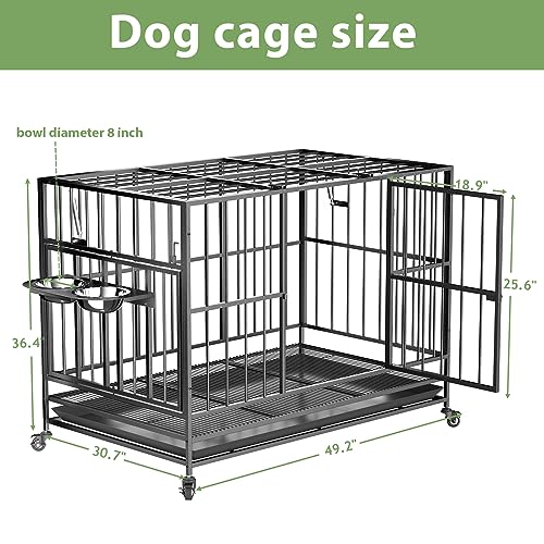 ROOMTEC 49 Inch Heavy Duty Dog Crate Cage Kennel With Wheels / 360° & Adjustable 2 Alloy Bowls/Unique Air Lift Rod/Sturdy Locks Design, Double Door And Removable Tray, Extra Large XL XXL Dog