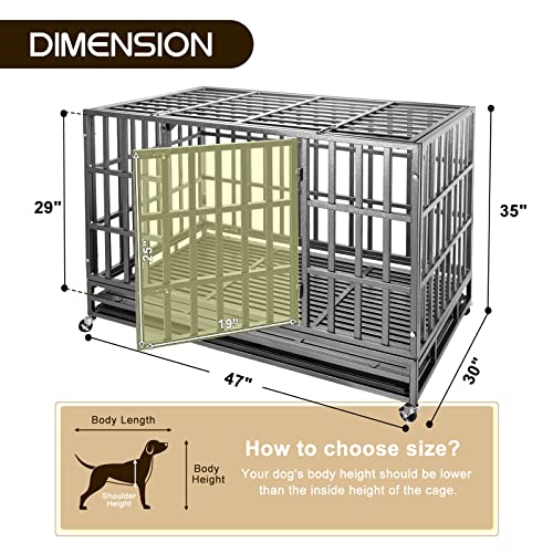  Confote 47 Inch Heavy Duty Dog Crate Metal Cage Kennel, High Anxiety Pet Cage With Lockable Wheels & Double Doors For Medium Large Dogs