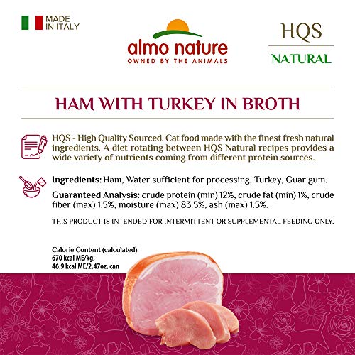  Almo Nature HQS Natural Made In Italy Ham With Turkey, Grain Free, Additive Free, Adult Cat Canned Wet Food, Shredded (2502H), 2.47 Oz, Pack Of 24