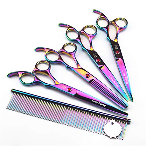  Professional 7.0 Inch High-End Pet Cat Dog Grooming Scissors Colorful Set 4 Pieces 6CR Steel Pet Trimmer Kit - Straight Cutting Scissors, Thinning Shears, Curved Scissors, Combs