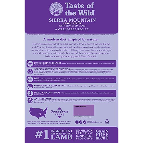  Taste Of The Wild Sierra Mountain Grain-Free Canine Recipe With Roasted Lamb Dry Dog Food For All Life Stages, Made With High Protein From Real Lamb And Guaranteed Nutrients And Probiotics 28lb