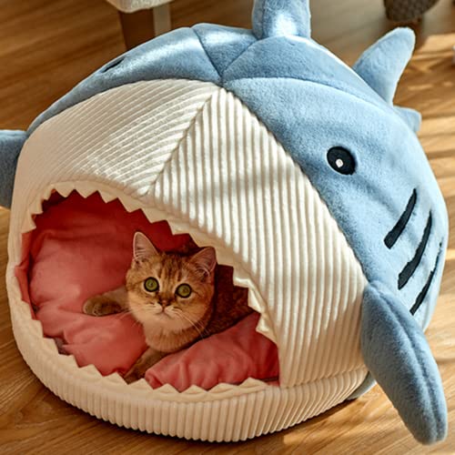  Enclosed Warm Cat Bed For Portable Pet Beds Sweet Kittens Basket Cushion Cat Pillow Mat Tent Puppy Nest Cave (Large,Blue)