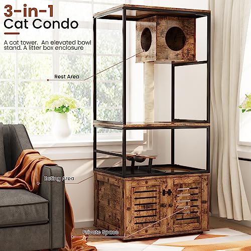  Lamerge Large Cat Litter Box Furniture, Cat Tree Tower With Scratching Post And Cat House Condo, Wooden Cat Cabinet With Doors And Cat Feeding Bowl, Rustic Brown