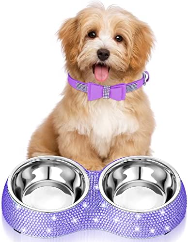  Gerrii 2 Pcs Pink Dog Cat Bowls And Small Puppy Collar Set For Cat And Dog, Pink Bling Cat Collars Rhinestones Stainless Steel Puppy Bowls Adjustable Bling Dog Collar (Light Purple, XS)