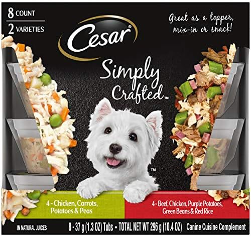  CESAR Simply Crafted Adult Soft Wet Dog Food Meal Topper Variety Pack, Chicken, Duck, Purple Potatoes, Pumpkin, Green Beans & Brown Rice And Chicken, Carrots, Barley & Spinach, (8) 1.3 Oz. Tubs