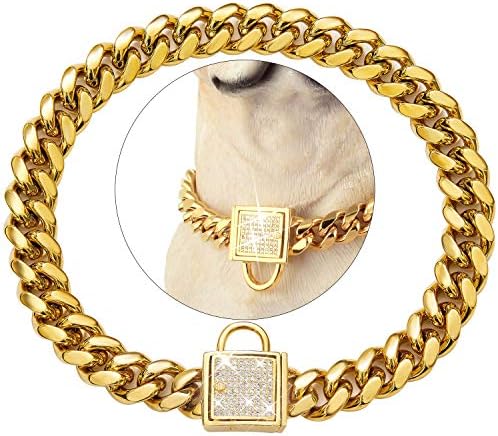  PRADOG Gold Chain Dog Collar With Zirconia Buckle Stainless Steel Chain Collars Cuban Link Dog Collar Designer Bling Puppy Necklace (10mm, 18")