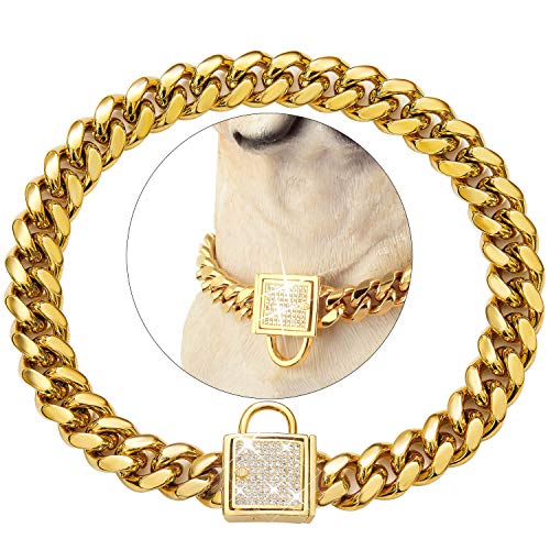  PRADOG Gold Chain Dog Collar With Zirconia Buckle Stainless Steel Chain Collars Cuban Link Dog Collar Designer Bling Puppy Necklace (10mm, 18")