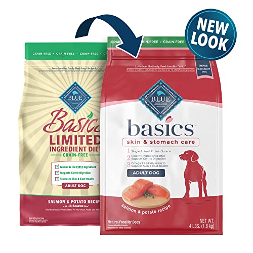  Blue Buffalo Basics Skin & Stomach Care, Grain Free Natural Adult Dry Dog Food, Salmon & Potato 4-lb