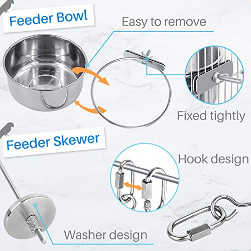  Kalevel 2pcs Bird Feeder Bowl Feeding Coop Cup Stainless Steel Parrot Cage Food Water Dish With Bird Fruit Holder Veggie Skewer