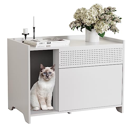  SunsGrove Cat Litter Box Enclose, Hidden Litter Boxes For Indoor Cats, Kitten Litter Furniture With Flip-Down Opening, Wooden Cat Box, Fits Most Litter Box, Multi-Functional Cabinet, White