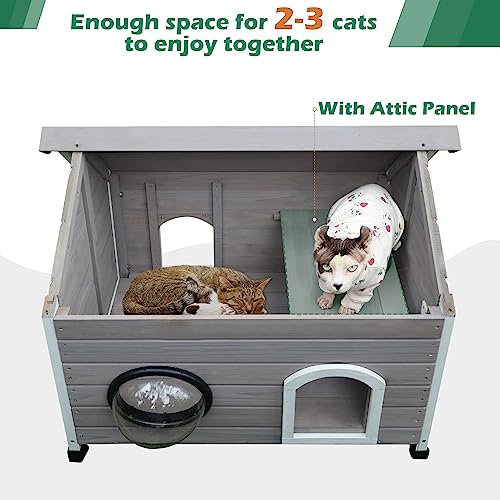  HiCaptain Weatherproof Outdoor Cat House, Wooden Feral Cat House For Outside, Unique Small Pet Shelter With Escape Door, Clear Window And Removable Attic-Grey