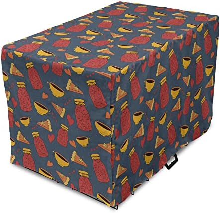  Lunarable Food Art Dog Crate Cover, Autumn Cozy Cartoon Sketchy Pattern Of Pie Bottle Jar And Hearts, Easy To Use Pet Kennel Cover For Small Dogs Puppies Kittens, 48 Inch, Slate Blue And Dark Pink