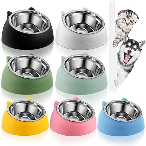  Sanwuta 7 Pcs Cat Food Bowl Stainless Steel Tilted Feeding For Little Cat Raised 15° Elevated Pet Dish For Kitten Puppy Neck Protection Anti Vomit Non Skid And Non Spill Easier To Reach Food, 7 Color
