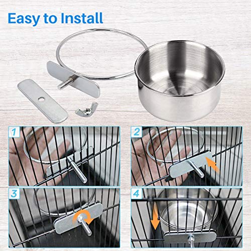  Kalevel 2 Sizes Bird Feeding Dish Cups Stainless Steel Parrot Food Bowls Water Feeder With Clamp Holder For Caged Animals (B Set)