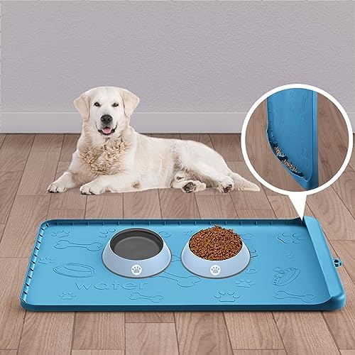  Dog Food Mat - Dog Feeding Mats For Food And Water - 36" X 24" Extra Large Cat Dog Bowl Mat With Pocket For Catches Spill And Residue - Silicone Non Slip Pet Mat With 0.75" High Edges Anti-bite