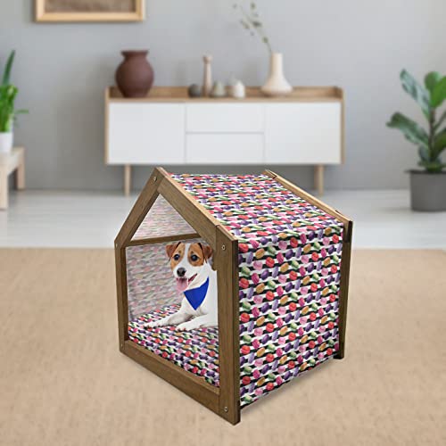  Lunarable Food Wooden Pet House, Colorful Macaron Yummy French Desert On Black And White Striped Background Print, Outdoor & Indoor Portable Dog Kennel With Pillow And Cover, Medium, Multicolor