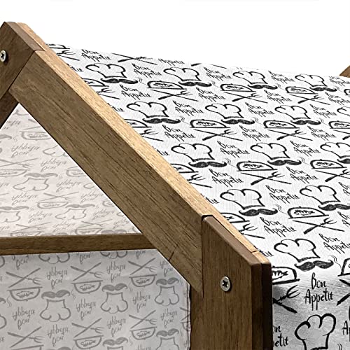  Lunarable Bon Appetit Wooden Pet House, Monochrome Fish Chef Hat And Words Hand Drawn Diner Food Themed Sketch, Outdoor & Indoor Portable Dog Kennel With Pillow And Cover, Medium, Black And White