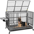  ROOMTEC 49 Inch Heavy Duty Dog Crate Cage Kennel With Wheels / 360° & Adjustable 2 Alloy Bowls/Unique Air Lift Rod/Sturdy Locks Design, Double Door And Removable Tray, Extra Large XL XXL Dog
