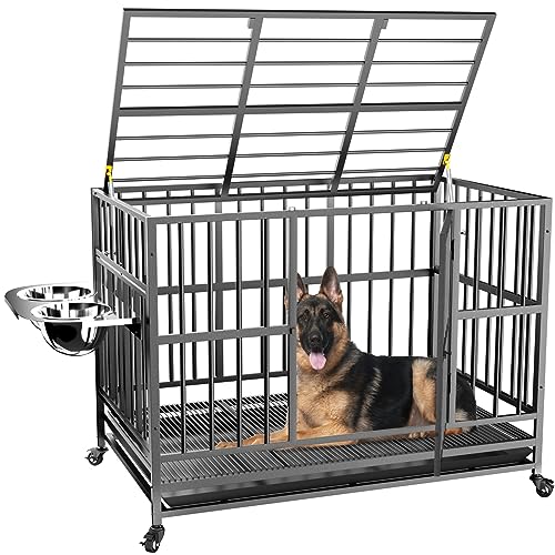  ROOMTEC 49 Inch Heavy Duty Dog Crate Cage Kennel With Wheels / 360° & Adjustable 2 Alloy Bowls/Unique Air Lift Rod/Sturdy Locks Design, Double Door And Removable Tray, Extra Large XL XXL Dog