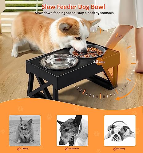  MAMI&BABI Elevated Dog Bowls, 3 Adjustable Heights Raised Dog Food Bowl Feeding Stand For Large Dogs, Non-Slip Slow Feeder And Deep Water Bowl Station For Medium Small Cats Pets