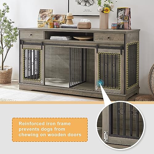  Tmsan Large Dog Crate Furniture, 66" Heavy Duty Wood Dog Kennel With Divider & Drawers, Indoor Dog House Cage For 2 Medium Dogs, End Table TV Stand