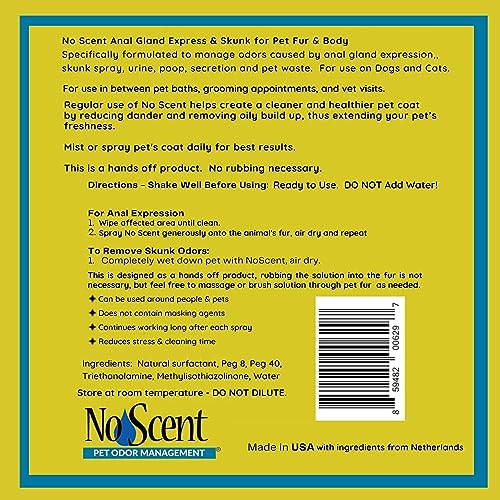  No Scent Anal Gland Express & Skunk Spray Pet Fur Cleaner For Dogs & Cats (128 Fl Oz / 3.8 Liters)