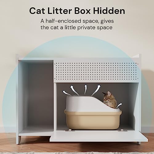  SunsGrove Cat Litter Box Enclose, Hidden Litter Boxes For Indoor Cats, Kitten Litter Furniture With Flip-Down Opening, Wooden Cat Box, Fits Most Litter Box, Multi-Functional Cabinet, White
