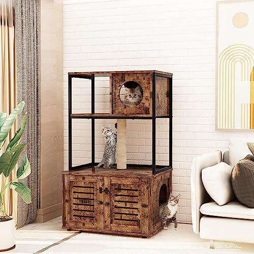  Cat Litter Box Enclosure With Shelves And Door, Hidden Cat Washroom Cabinet Furniture With Scratching Posts,Platform,Elevated Cat Feeding Bowl,All-in-One Wood Pet Crate Indoor Cat House Fumiture,Brown